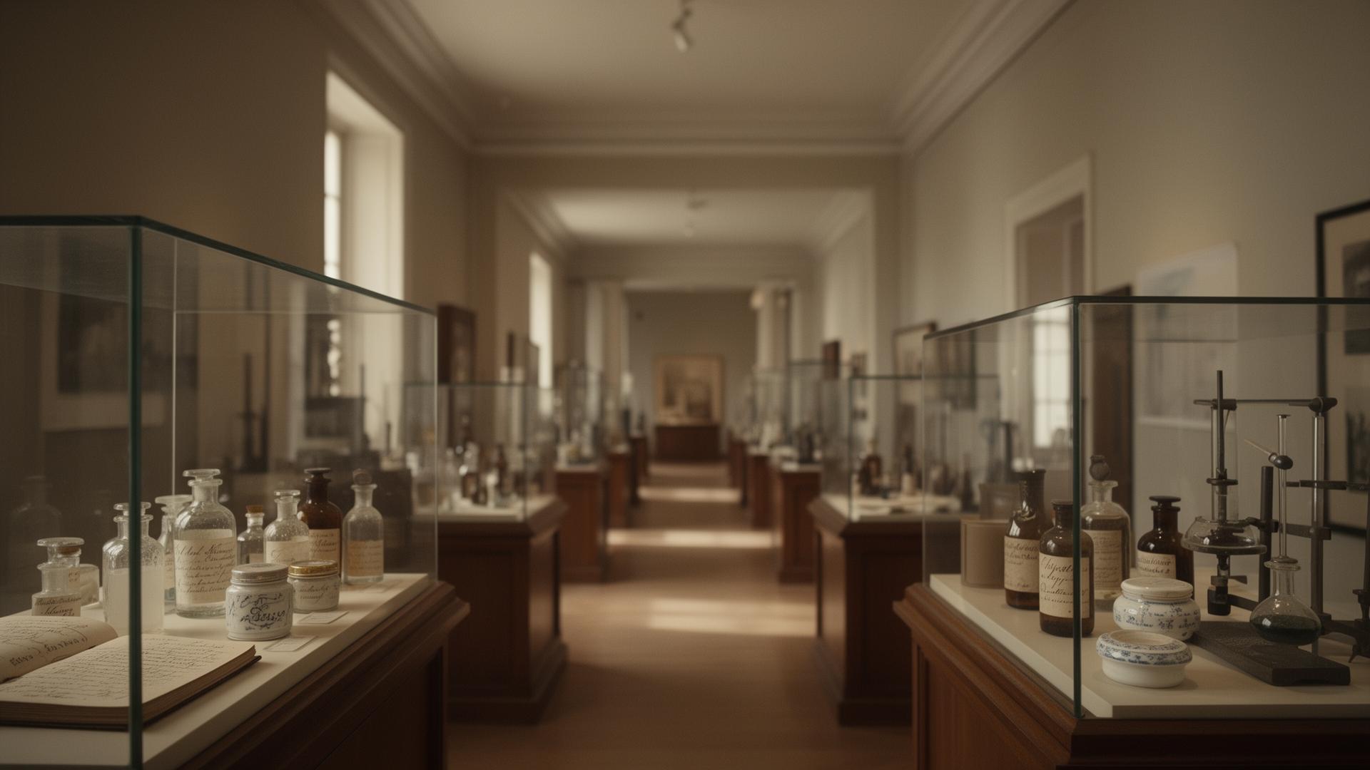 Eine lange Galerie mit Vitrinen voller historischer Apothekerflaschen, handgeschriebener Formulierungsnotizen und früher Laborinstrumente